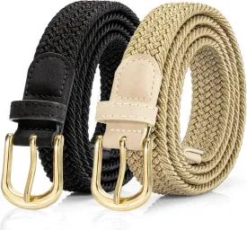2 Pack Braided Belt for Women, Elastic Woven Stretch Fabric Cloth Belt with Gold Buckle