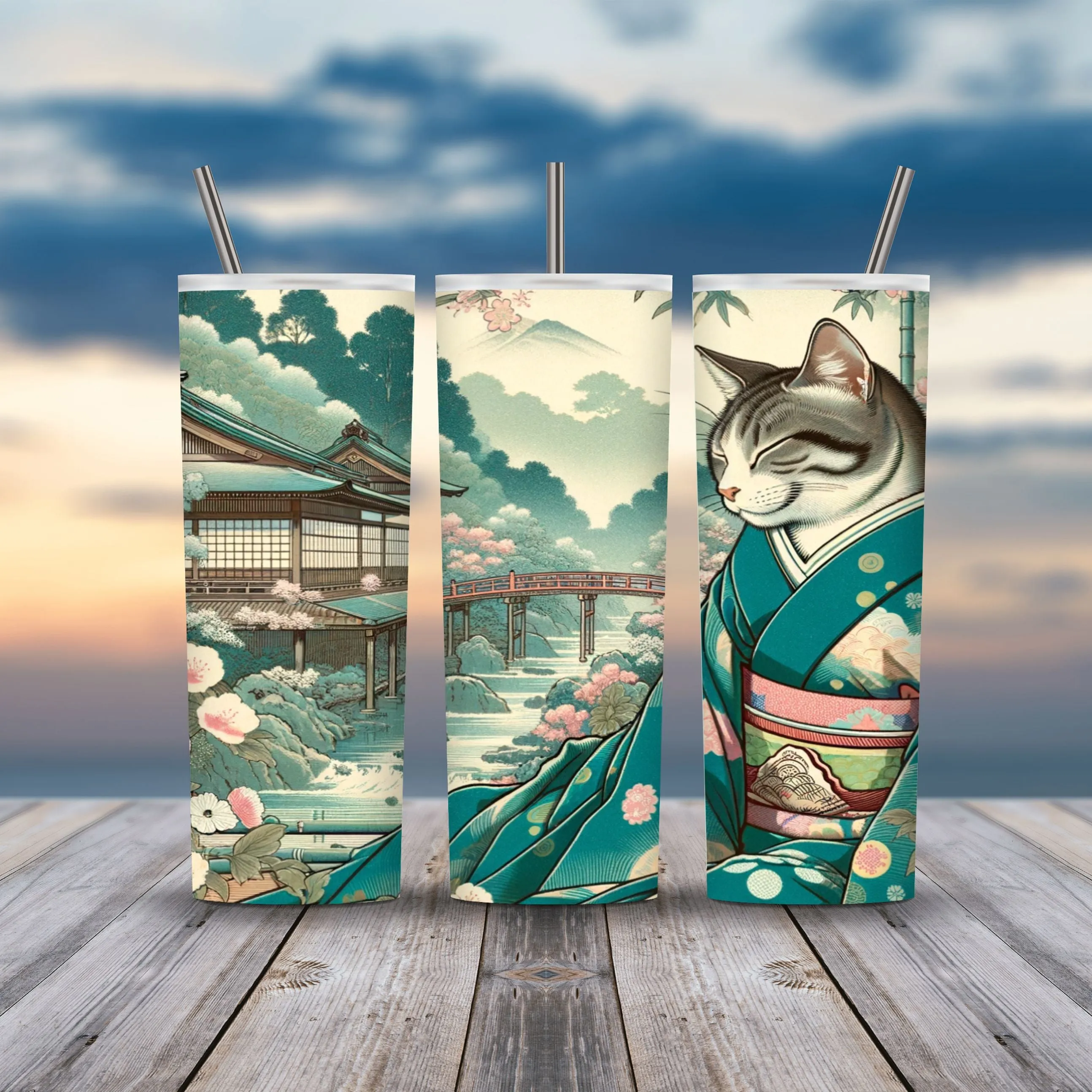20z Skinny Tumbler Wraps - Kimono Cats, PNG Bundle of 75 - Printables