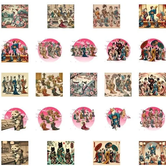 20z Skinny Tumbler Wraps - Kimono Cats, PNG Bundle of 75 - Printables