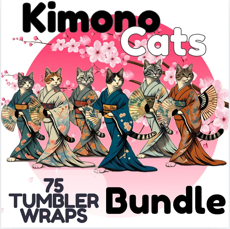 20z Skinny Tumbler Wraps - Kimono Cats, PNG Bundle of 75 - Printables