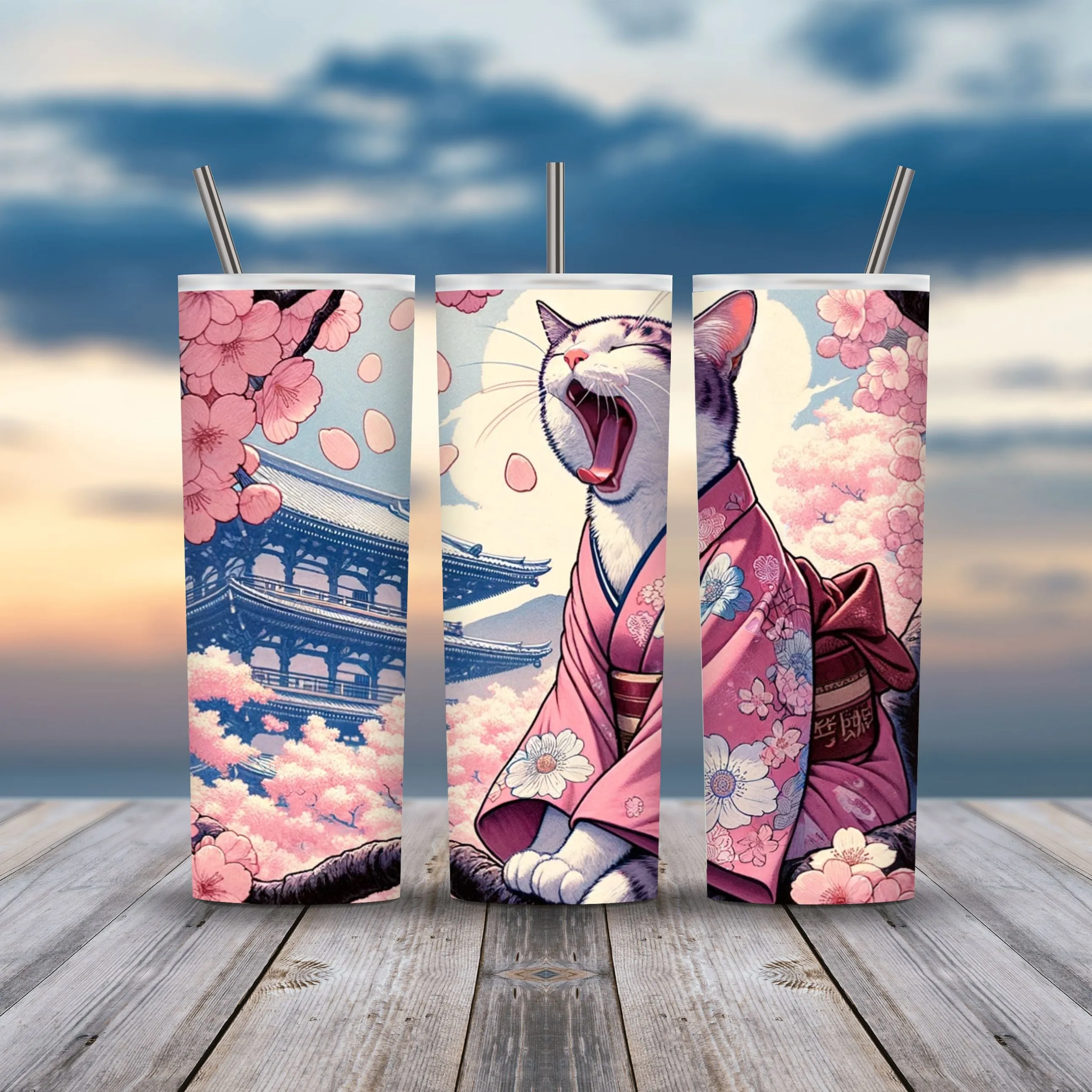 20z Skinny Tumbler Wraps - Kimono Cats, PNG Bundle of 75 - Printables