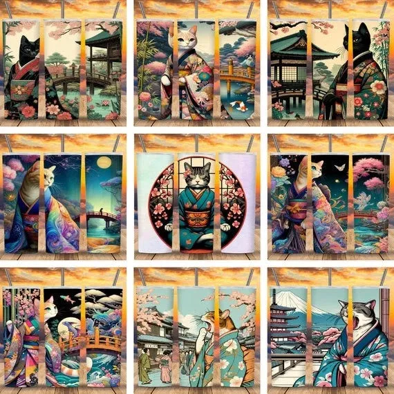20z Skinny Tumbler Wraps - Kimono Cats, PNG Bundle of 75 - Printables