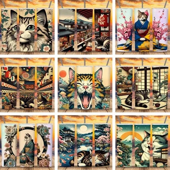 20z Skinny Tumbler Wraps - Kimono Cats, PNG Bundle of 75 - Printables