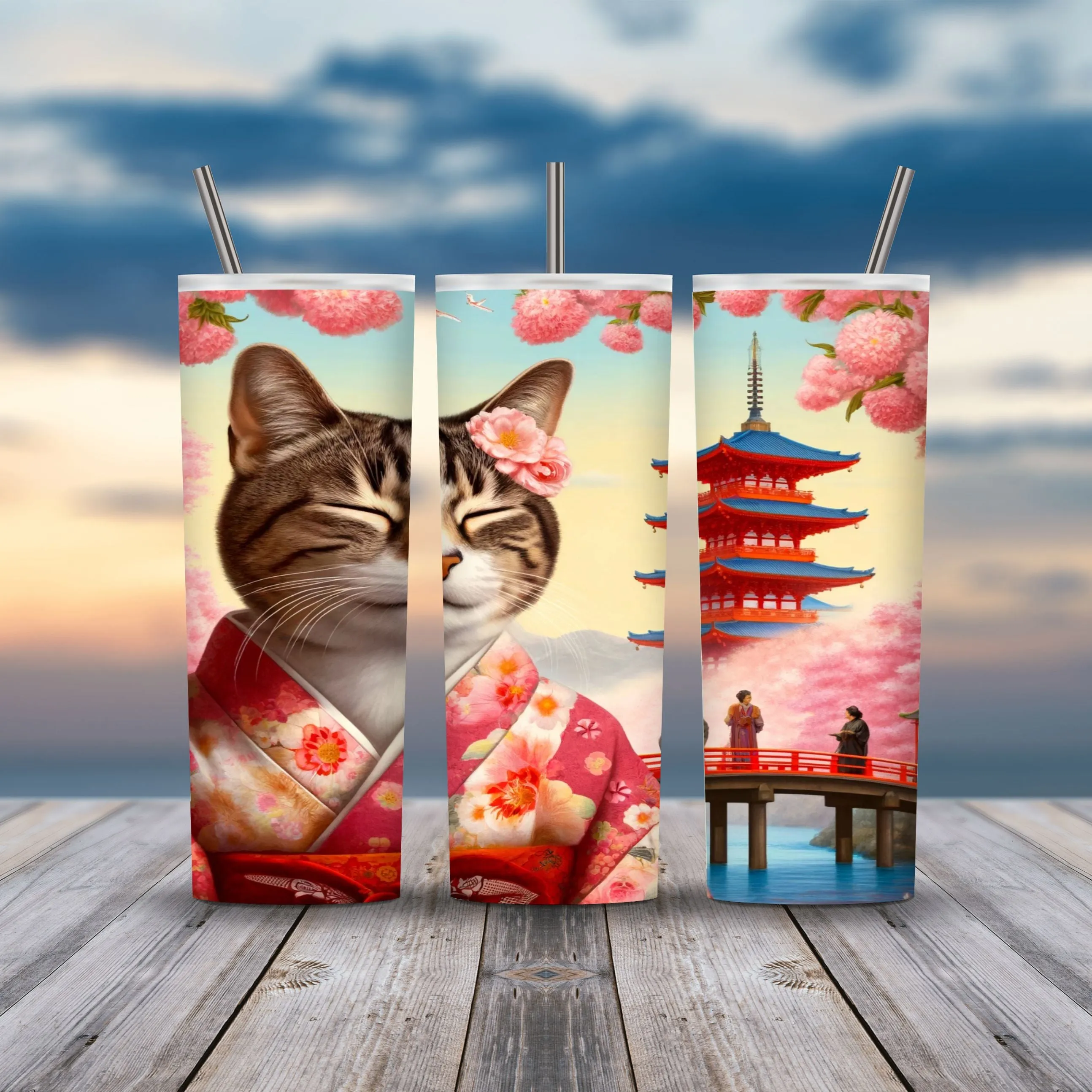 20z Skinny Tumbler Wraps - Kimono Cats, PNG Bundle of 75 - Printables