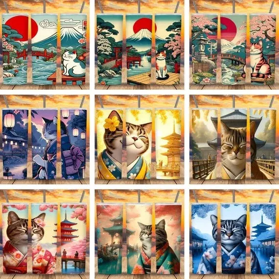 20z Skinny Tumbler Wraps - Kimono Cats, PNG Bundle of 75 - Printables