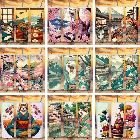 20z Skinny Tumbler Wraps - Kimono Cats, PNG Bundle of 75 - Printables
