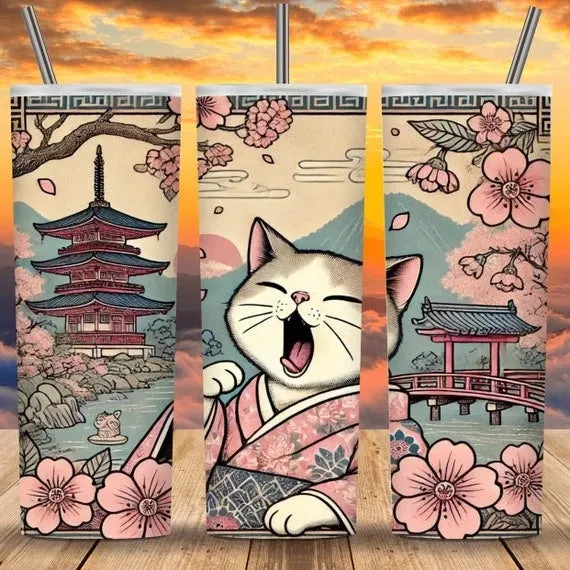 20z Skinny Tumbler Wraps - Kimono Cats, PNG Bundle of 75 - Printables