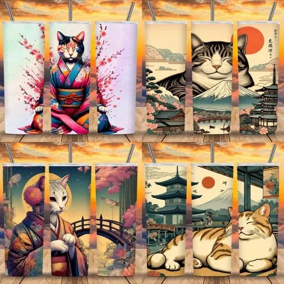 20z Skinny Tumbler Wraps - Kimono Cats, PNG Bundle of 75 - Printables