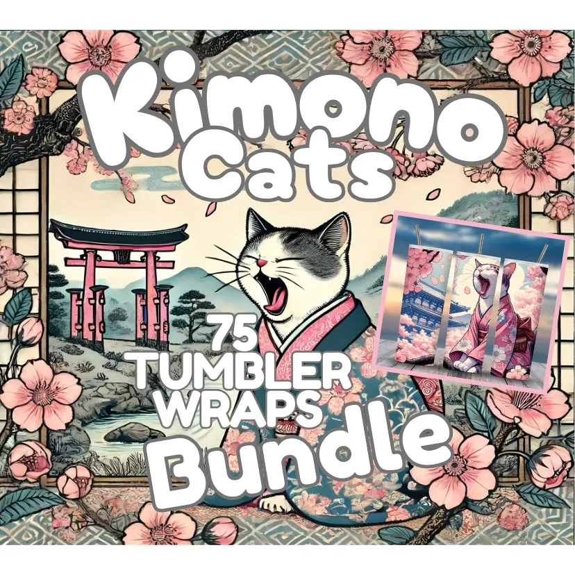 20z Skinny Tumbler Wraps - Kimono Cats, PNG Bundle of 75 - Printables