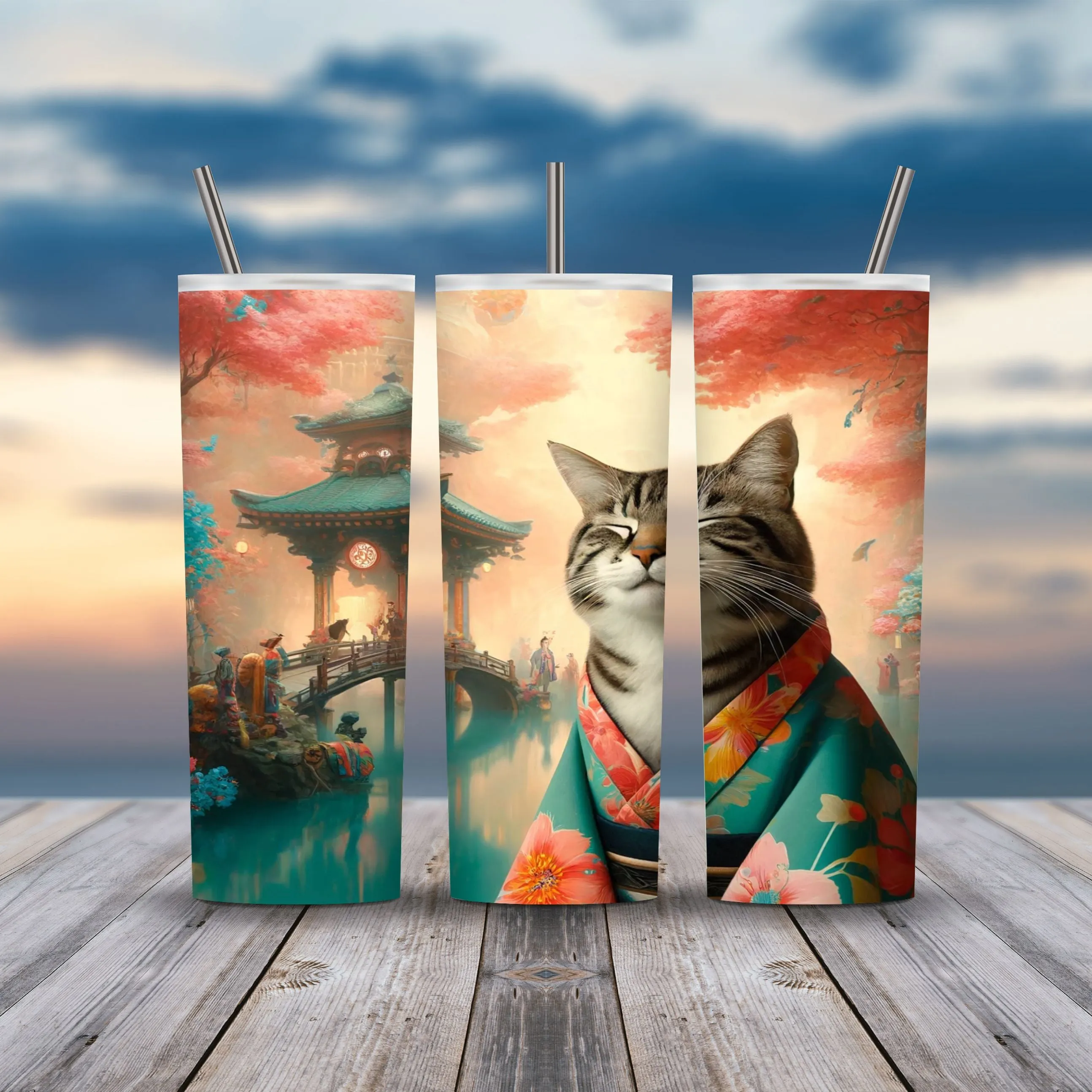 20z Skinny Tumbler Wraps - Kimono Cats, PNG Bundle of 75 - Printables