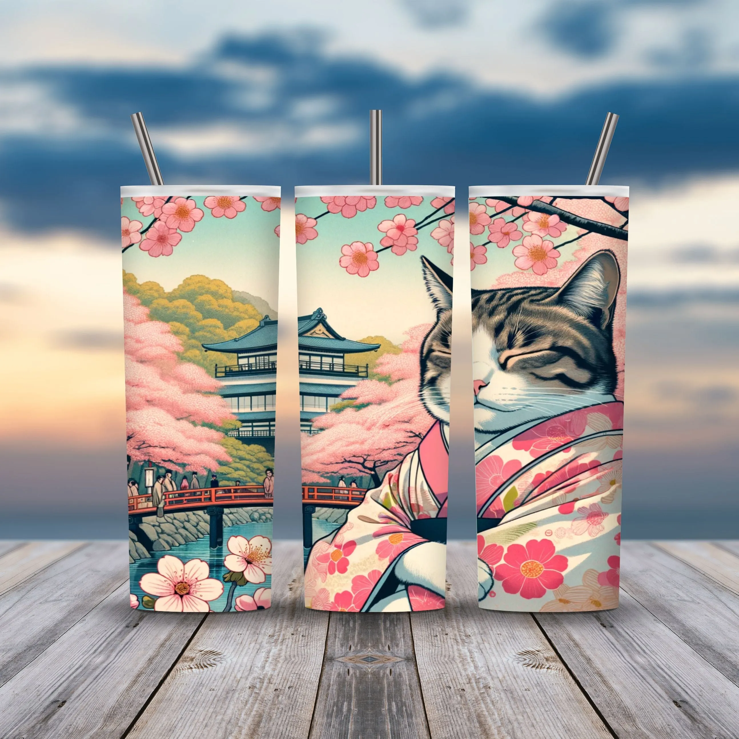 20z Skinny Tumbler Wraps - Kimono Cats, PNG Bundle of 75 - Printables