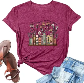 Cat Book T Shirt for Women Funny Summer Short Sleeve Tops Print Graphic Tees