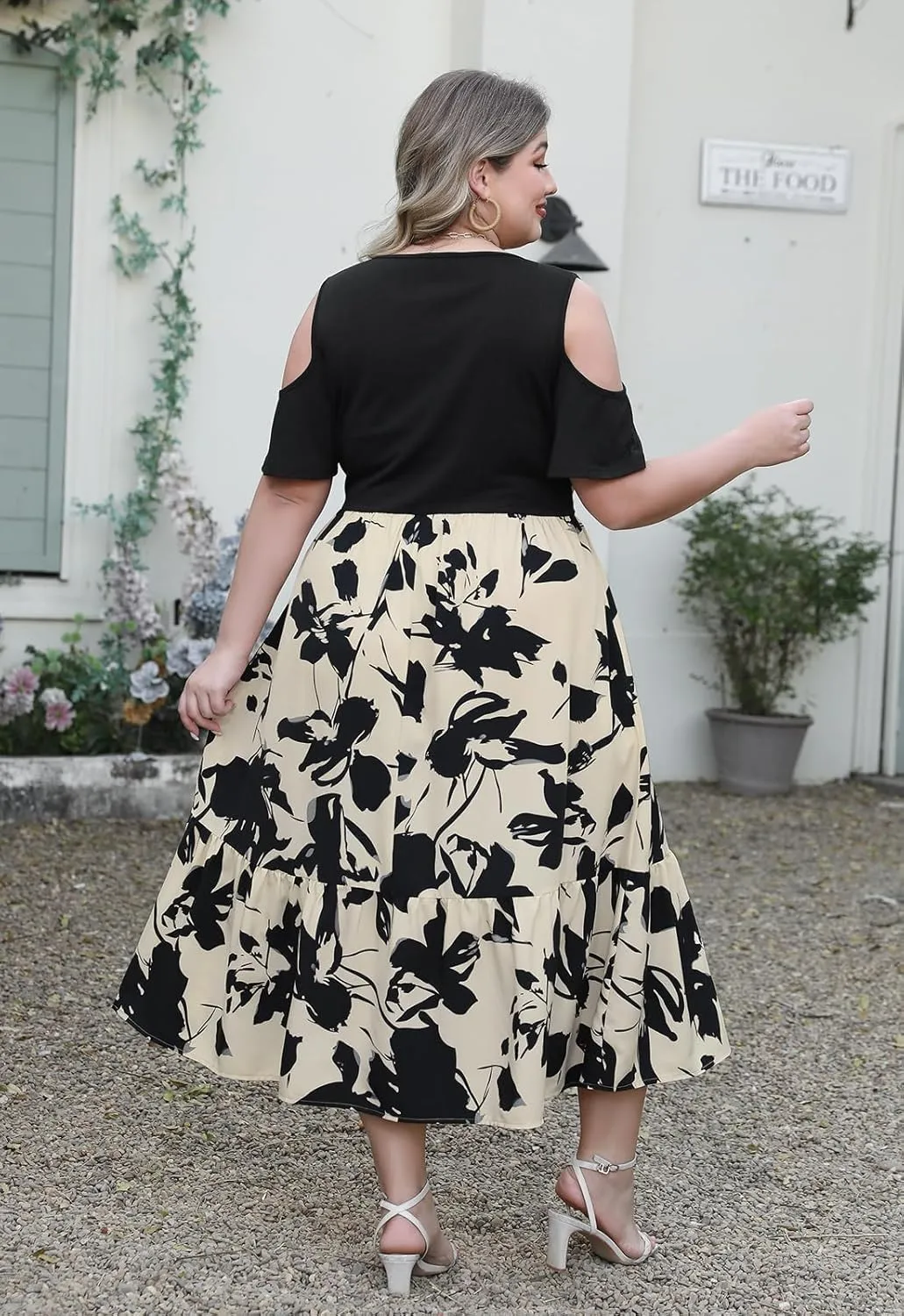 Celkuser Plus Size Summer V Neck Casual Cold Shoulder Floral Boho Dress for Women Empire Waist Cozy Sundress with Pocket