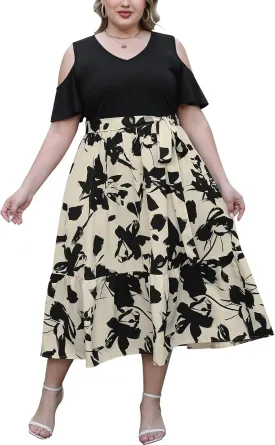 Celkuser Plus Size Summer V Neck Casual Cold Shoulder Floral Boho Dress for Women Empire Waist Cozy Sundress with Pocket