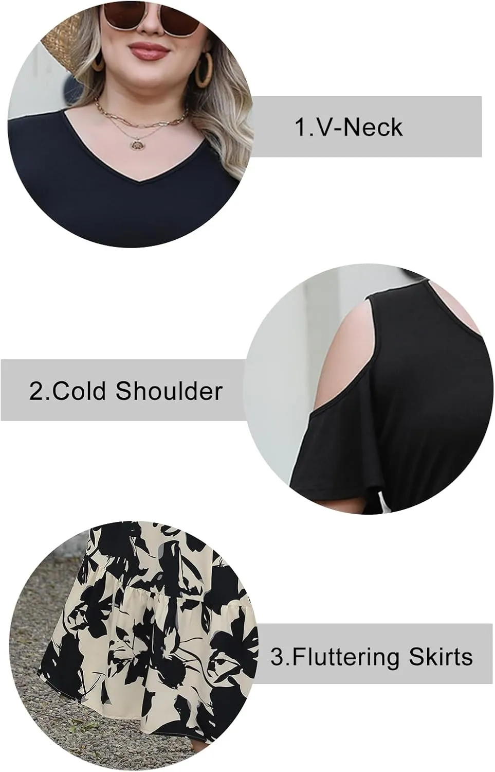 Celkuser Plus Size Summer V Neck Casual Cold Shoulder Floral Boho Dress for Women Empire Waist Cozy Sundress with Pocket