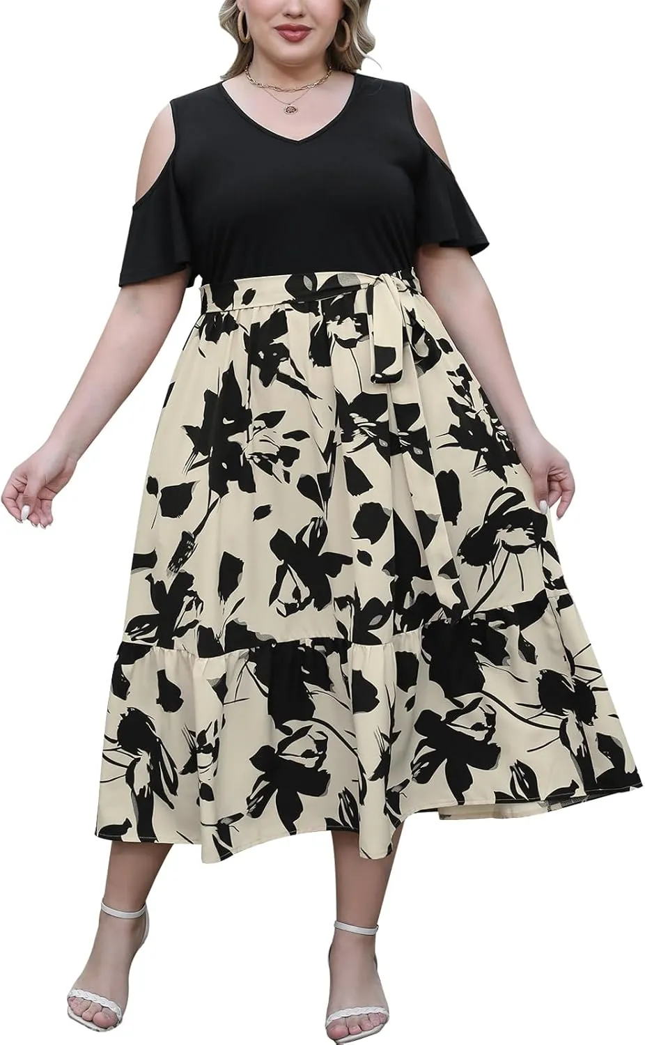 Celkuser Plus Size Summer V Neck Casual Cold Shoulder Floral Boho Dress for Women Empire Waist Cozy Sundress with Pocket