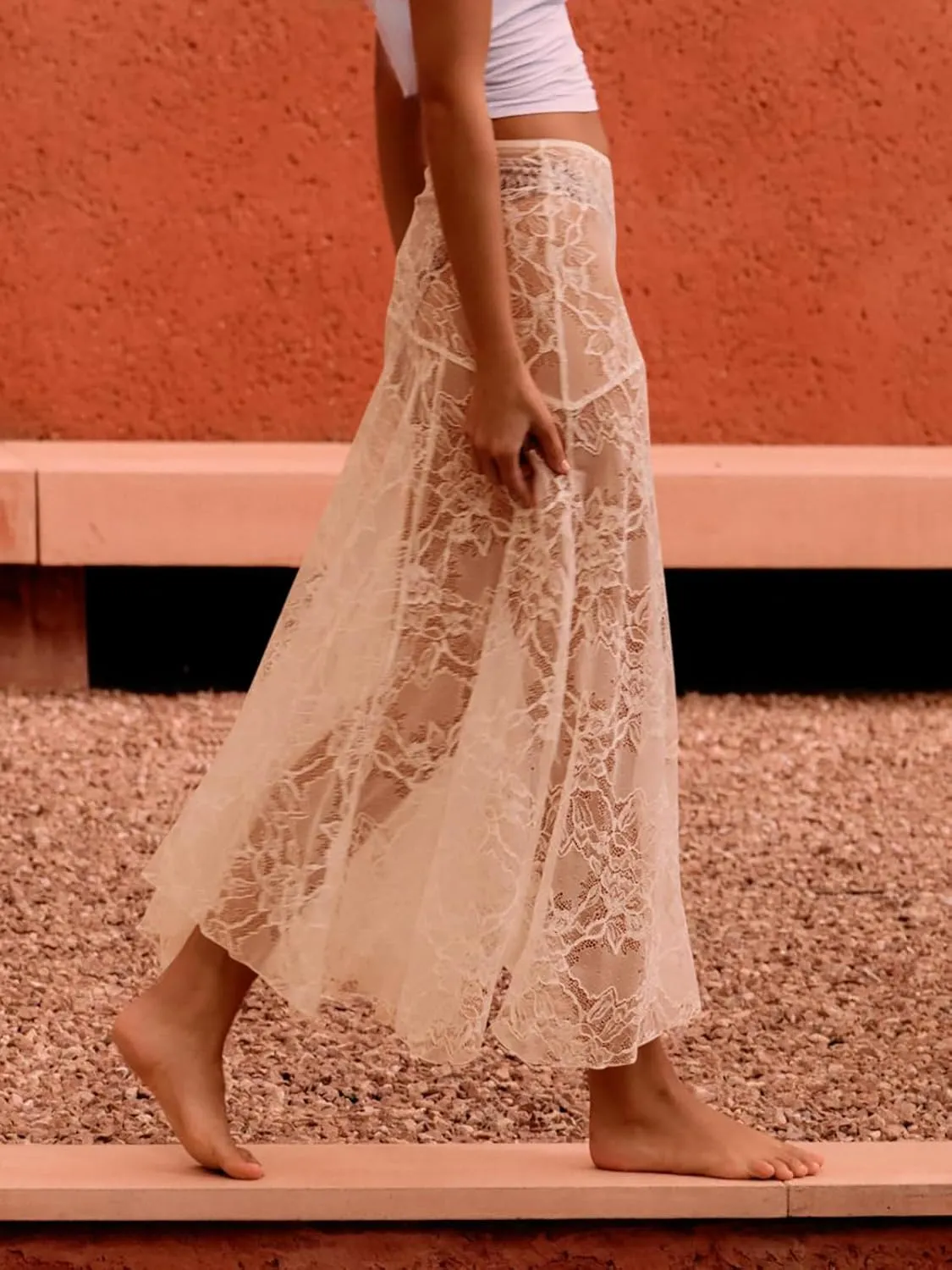 Cicy Bell Womens Summer Lace Maxi Skirt Elastic Waist See-Through Asymmetric Hem Beach Cover Up Long Skirt