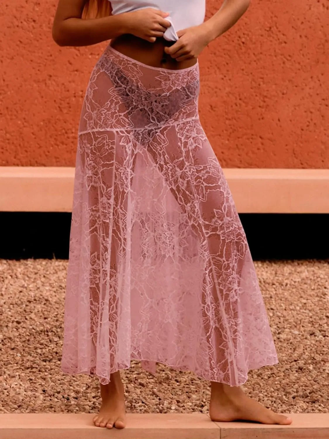 Cicy Bell Womens Summer Lace Maxi Skirt Elastic Waist See-Through Asymmetric Hem Beach Cover Up Long Skirt