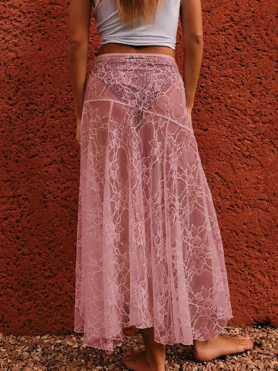 Cicy Bell Womens Summer Lace Maxi Skirt Elastic Waist See-Through Asymmetric Hem Beach Cover Up Long Skirt