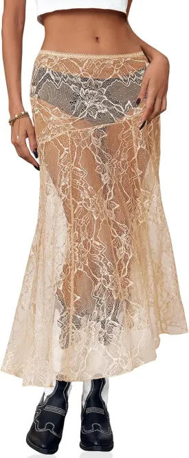 Cicy Bell Womens Summer Lace Maxi Skirt Elastic Waist See-Through Asymmetric Hem Beach Cover Up Long Skirt