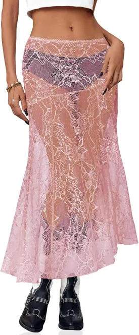 Cicy Bell Womens Summer Lace Maxi Skirt Elastic Waist See-Through Asymmetric Hem Beach Cover Up Long Skirt