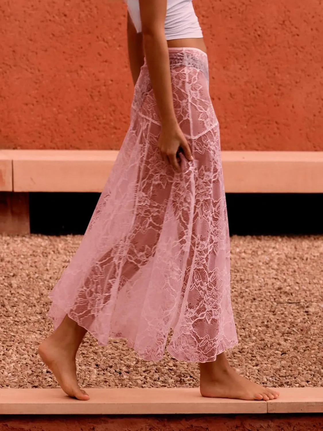 Cicy Bell Womens Summer Lace Maxi Skirt Elastic Waist See-Through Asymmetric Hem Beach Cover Up Long Skirt