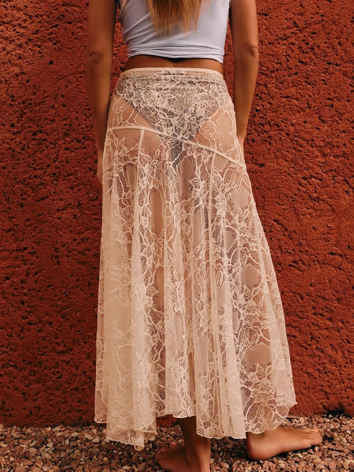 Cicy Bell Womens Summer Lace Maxi Skirt Elastic Waist See-Through Asymmetric Hem Beach Cover Up Long Skirt