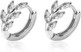 CZ Leaf Cartilage Huggie Small Hoop Earrings for Women Girls 925 Sterling Silver Cubic Zirconia Cluster Leaves Round Studs Tragus Pierced Ear Endless Hoops 8mm