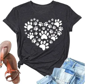 Dog Lover Shirts for Women Cat Paw Graphic Tees Mom Short Sleeve Gifts Girls Heart Tops
