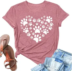 Dog Lover Shirts for Women Cat Paw Graphic Tees Mom Short Sleeve Gifts Girls Heart Tops