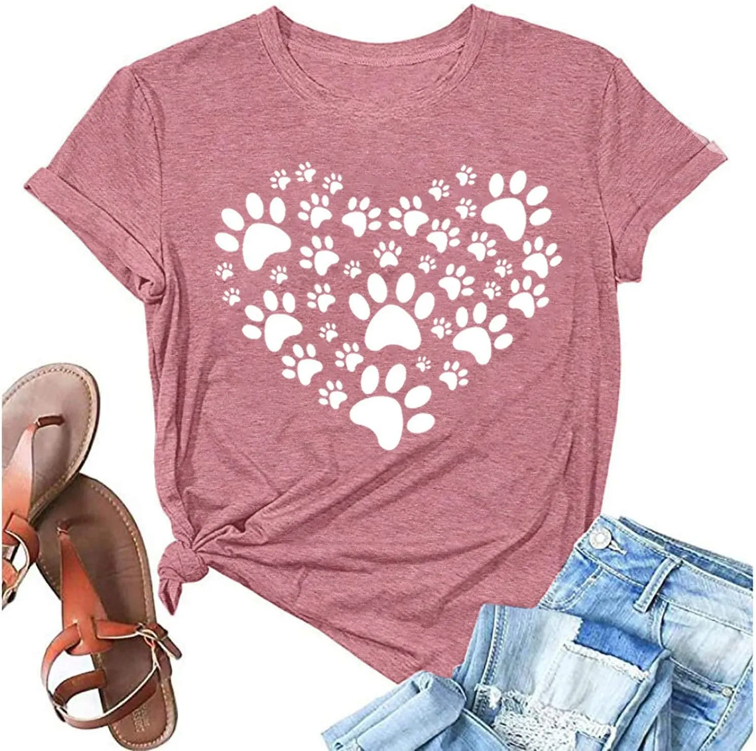 Dog Lover Shirts for Women Cat Paw Graphic Tees Mom Short Sleeve Gifts Girls Heart Tops