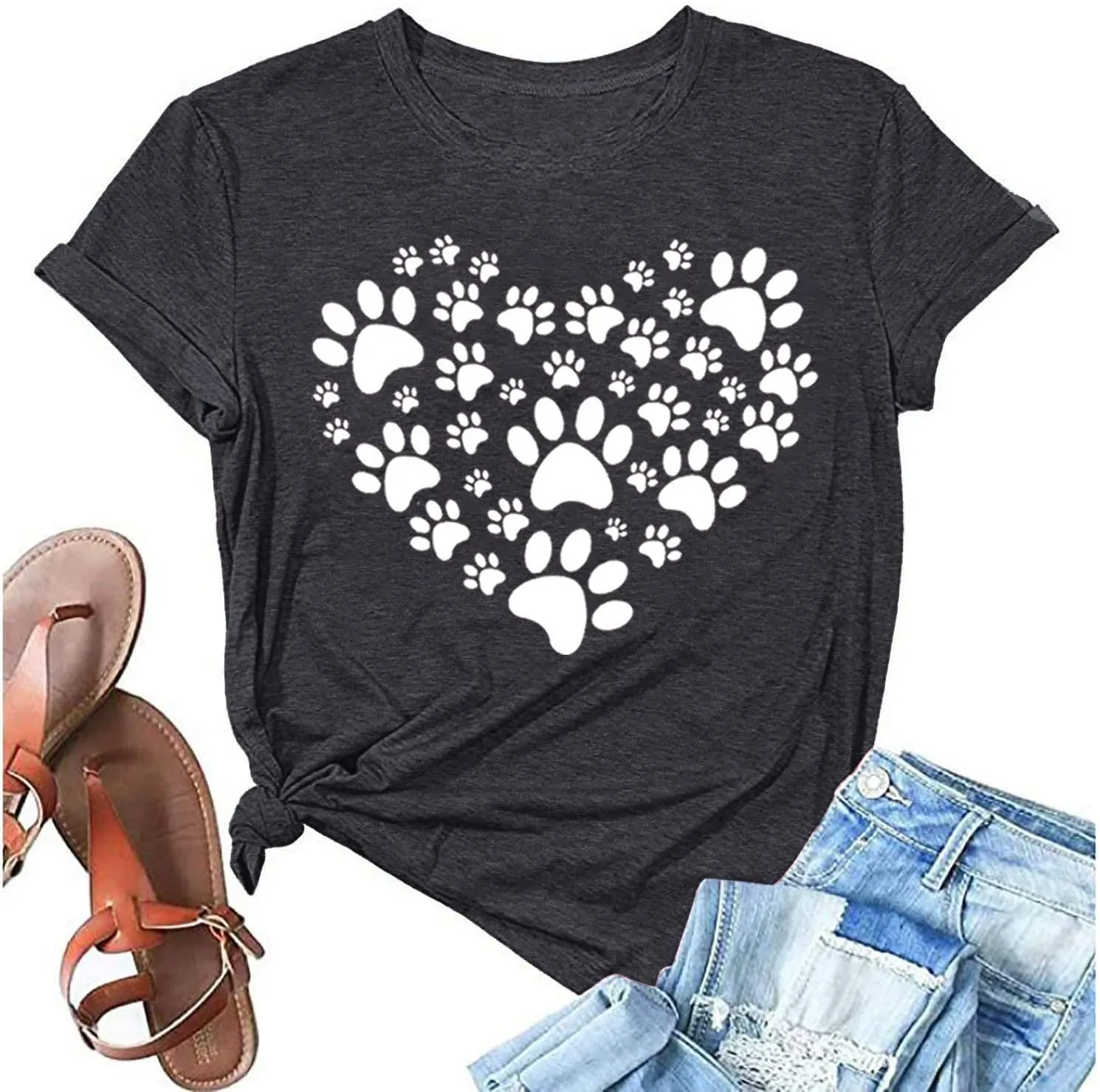 Dog Lover Shirts for Women Cat Paw Graphic Tees Mom Short Sleeve Gifts Girls Heart Tops