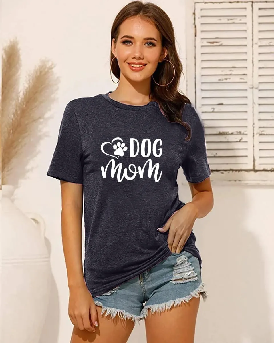 Dog Mom Shirts for Women Cat Dog Paw Graphic O Neck Short Sleeve Gifts Girls Heart Tee Tops