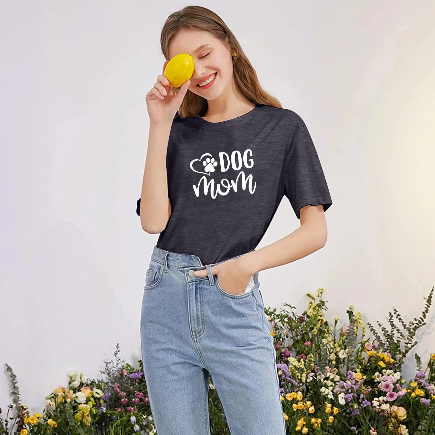 Dog Mom Shirts for Women Cat Dog Paw Graphic O Neck Short Sleeve Gifts Girls Heart Tee Tops