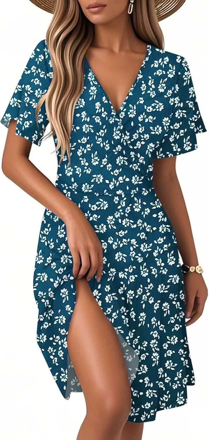 Floral Dress for Women Slant Open V Neck Flowy Side Split Short Sleeve Casual Cozy Midi Dress Beach Vacation Fashion