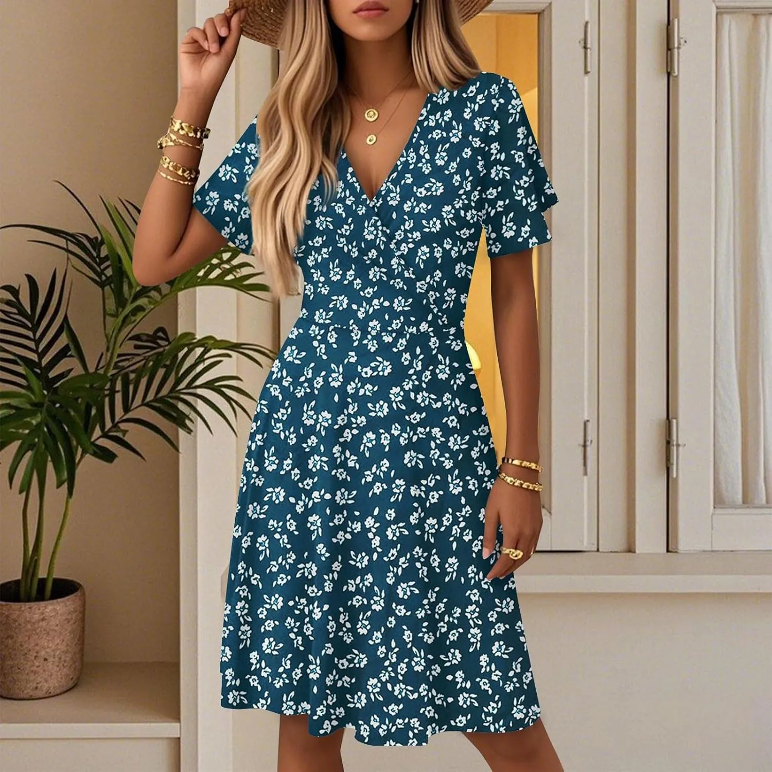 Floral Dress for Women Slant Open V Neck Flowy Side Split Short Sleeve Casual Cozy Midi Dress Beach Vacation Fashion