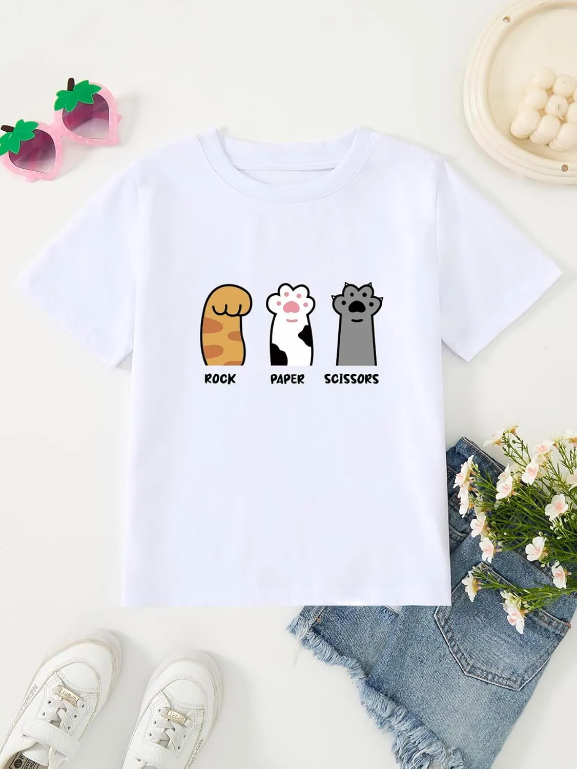 Girl's Rock Paper Scissors Cute Paw Funny Cat T-Shirt
