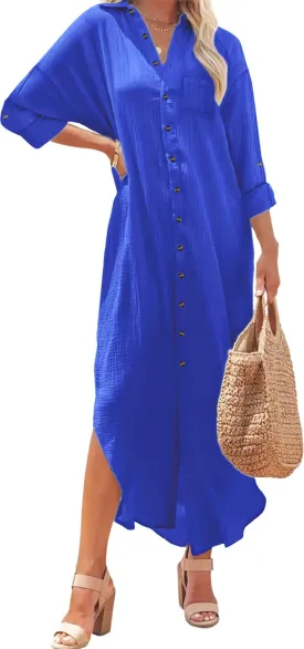 Kuraki Women's Casual Print Button Front Maxi Shirt Dress