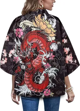 LAI MENG FIVE CATS Women's Summer Cardigan Lightweight Kimono Floral Print Loose Cover up Casual Tops