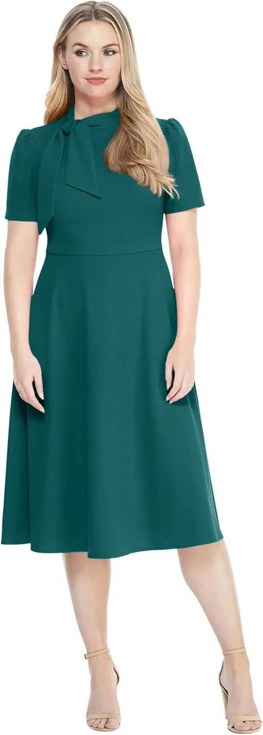Maggy London Women's Crepe Fabric Flight Attendant Bow Neck Tie Short Sleeve A-line