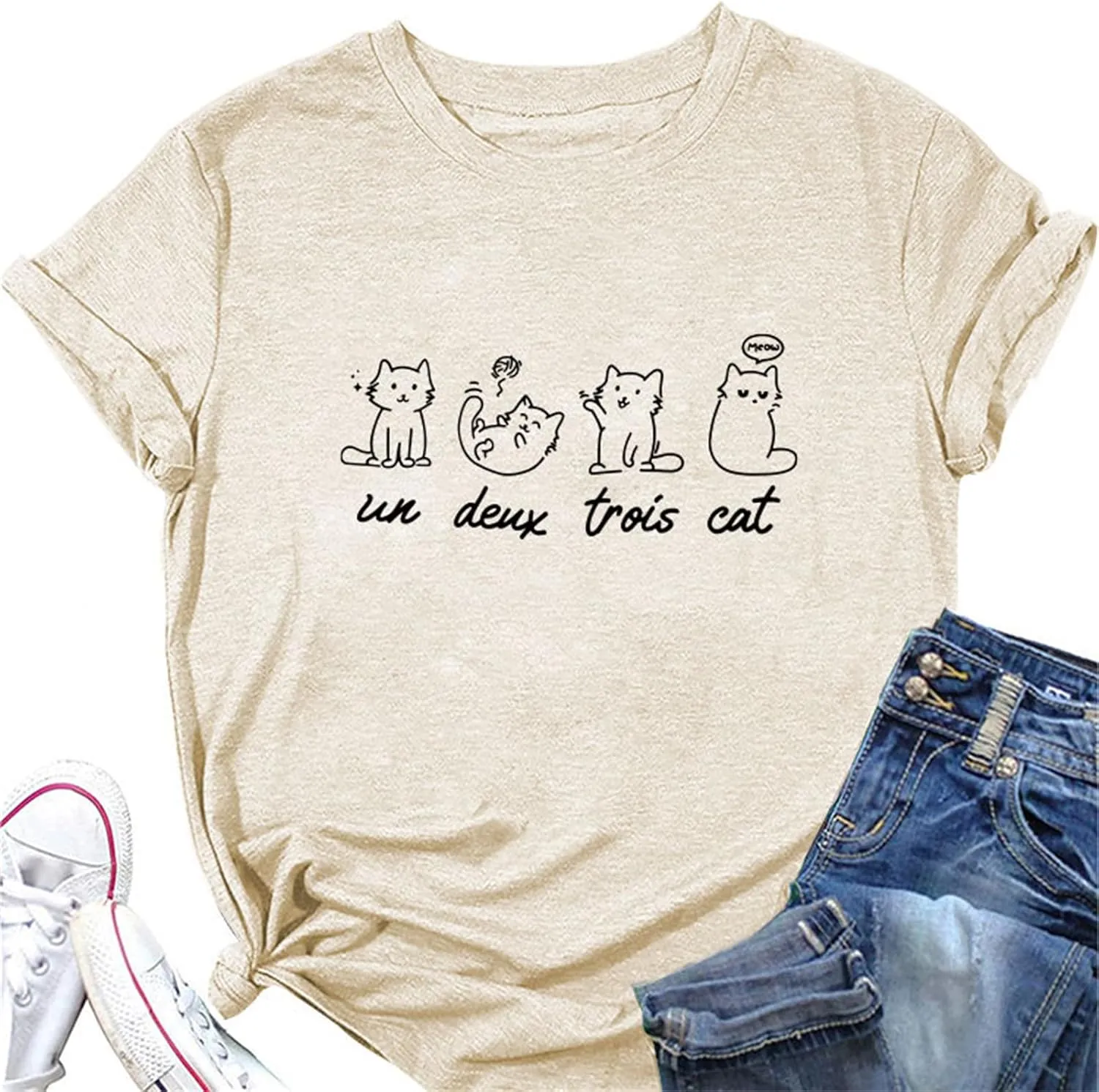 Meow Un Deux Trois Cat Shirt, Meow Cat Cute Graphic Tees for Women Pet Lover Short Sleeve Summer Tops