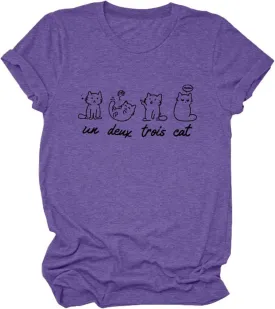 Meow Un Deux Trois Cat Shirt, Meow Cat Cute Graphic Tees for Women Pet Lover Short Sleeve Summer Tops