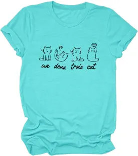 Meow Un Deux Trois Cat Shirt, Meow Cat Cute Graphic Tees for Women Pet Lover Short Sleeve Summer Tops