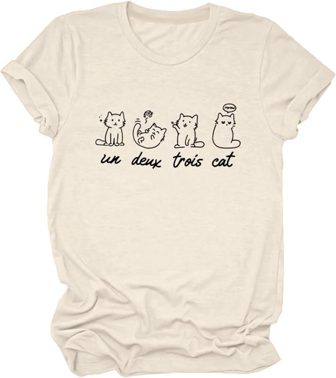 Meow Un Deux Trois Cat Shirt, Meow Cat Cute Graphic Tees for Women Pet Lover Short Sleeve Summer Tops