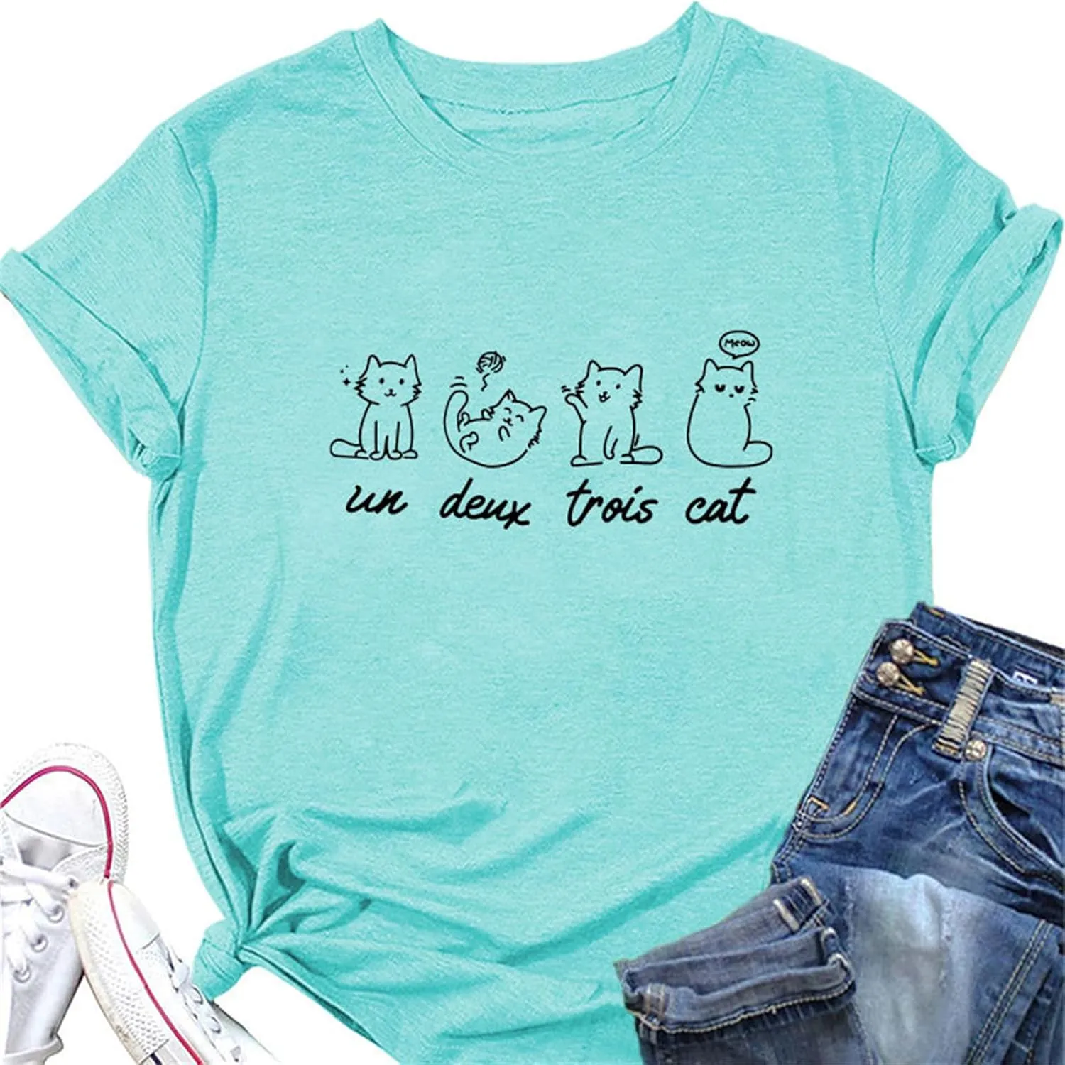 Meow Un Deux Trois Cat Shirt, Meow Cat Cute Graphic Tees for Women Pet Lover Short Sleeve Summer Tops
