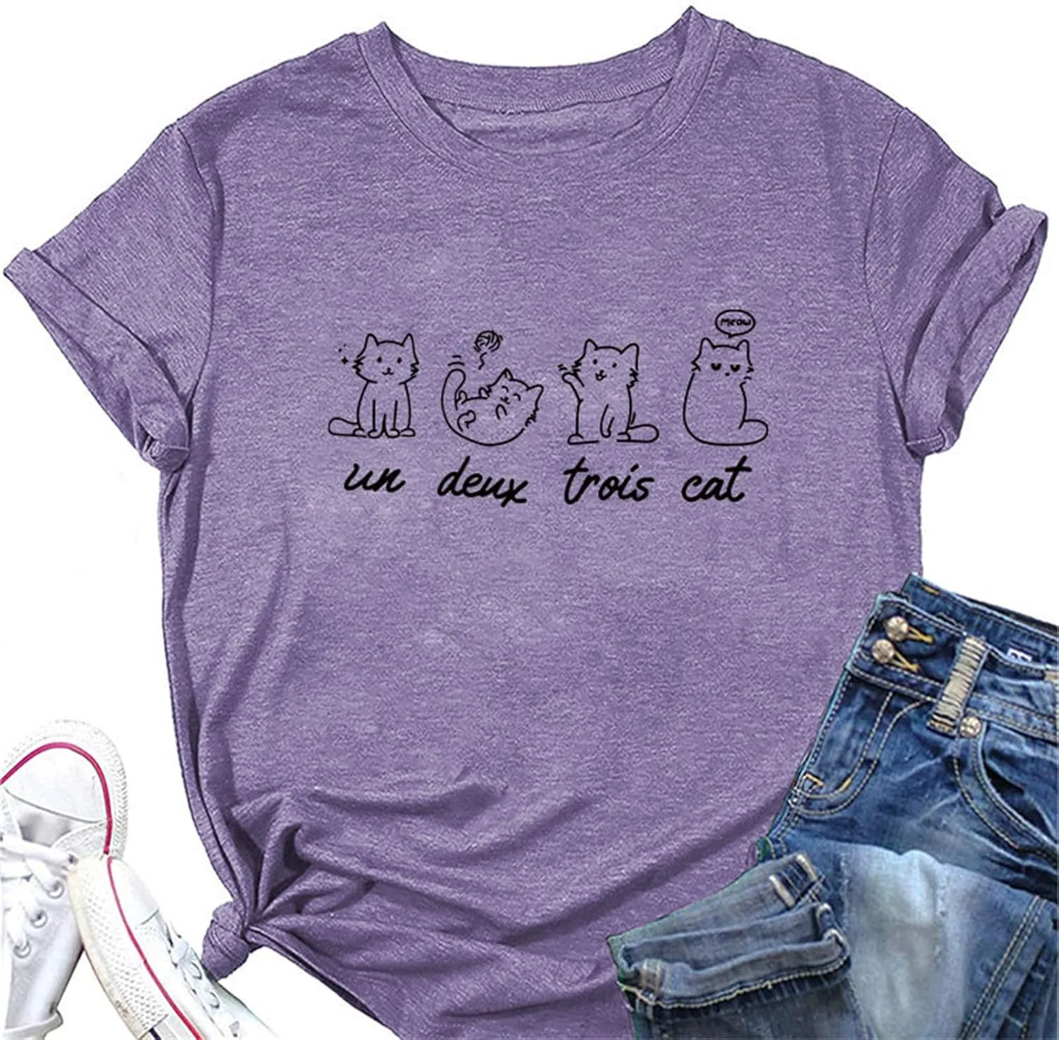 Meow Un Deux Trois Cat Shirt, Meow Cat Cute Graphic Tees for Women Pet Lover Short Sleeve Summer Tops