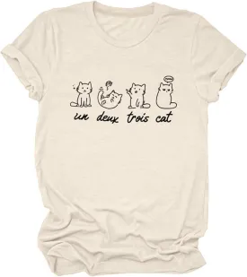 Meow Un Deux Trois Cat Shirt, Meow Cat Cute Graphic Tees for Women Pet Lover Short Sleeve Summer Tops