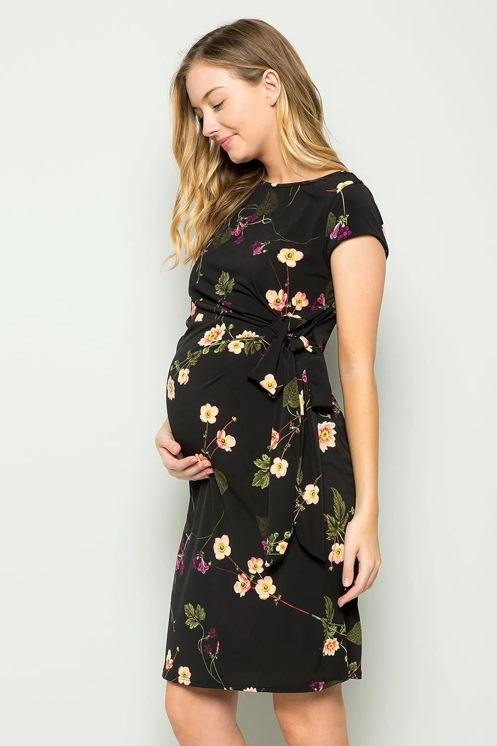 My Bump Women's Side Bow Tie Pattern Cap Sleeve Maternity Dress (Made in USA)