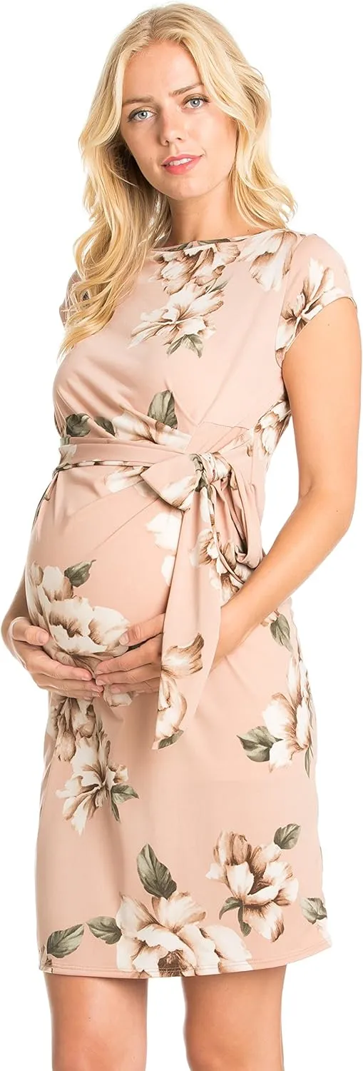 My Bump Women's Side Bow Tie Pattern Cap Sleeve Maternity Dress (Made in USA)