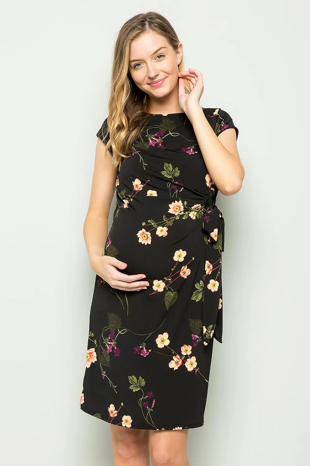 My Bump Women's Side Bow Tie Pattern Cap Sleeve Maternity Dress (Made in USA)